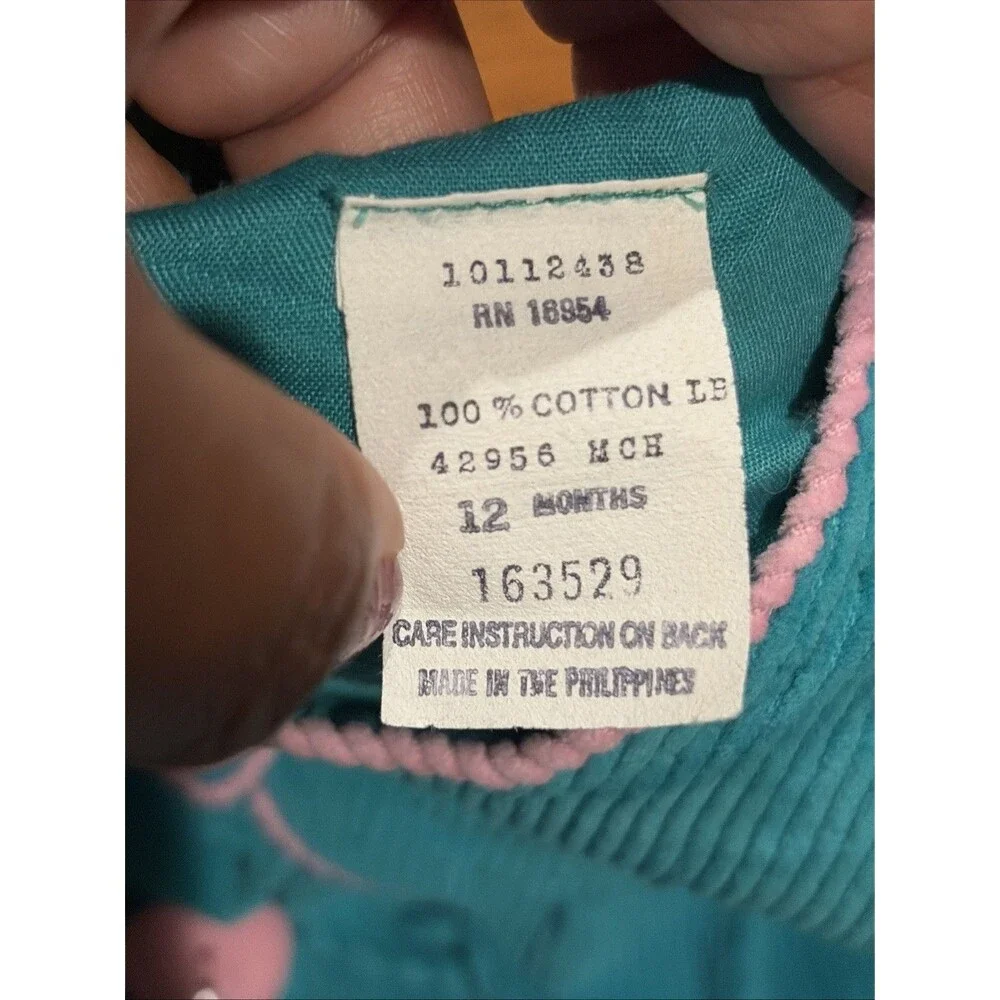 Vtg 80s Girl Corduroy Overalls Size 12 Months  Teal Pink Cat  Heart Buttons